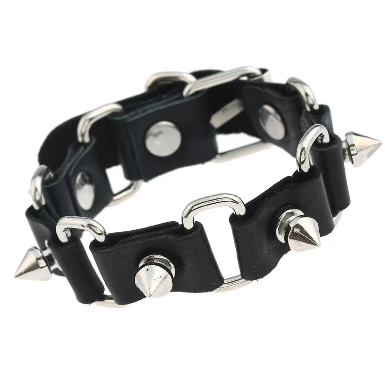 Punk Rock Style Leather Bracelet Men Rivet Silver Tone Black Cow Genuine Bracelets & Bangles