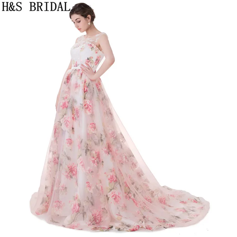 H & s люкс Милая платья для выпускного вечера Sheer Бретели для нижнего белья Цветочный принт Длинные Кружево Аппликация Жемчуг принцессы
