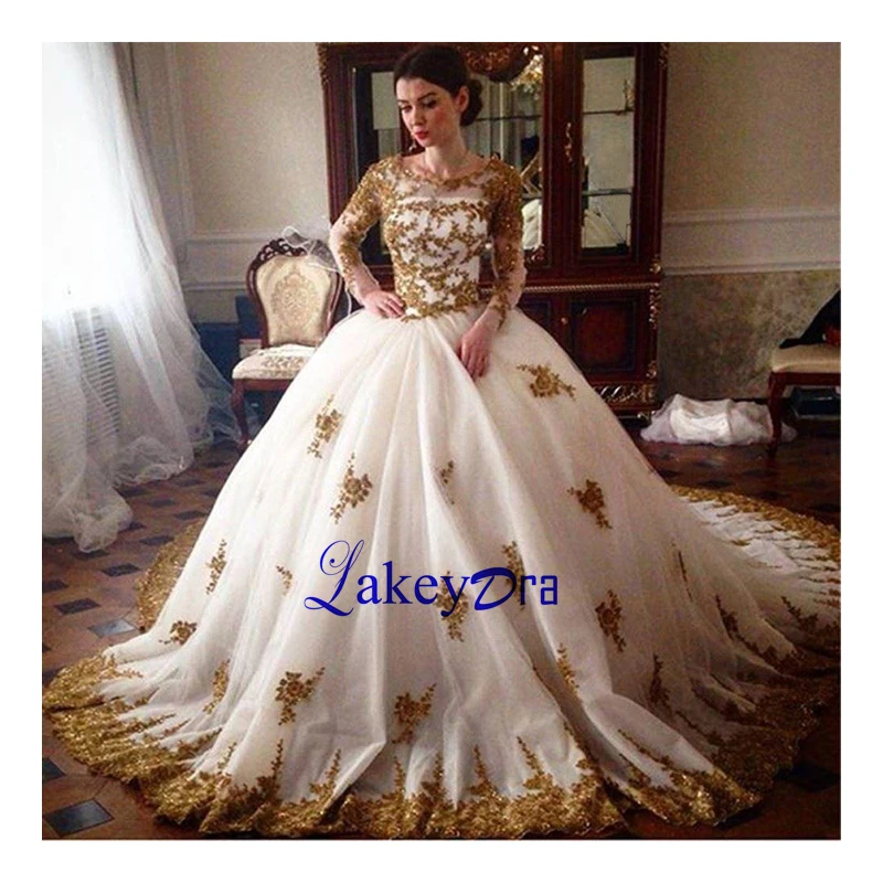 

Lakeydra White Ball Gown Weding Dresses Tulle Boat Neck Long Sleeves with Gold Appliques Zipper Back Plus Size Bridal Gowns