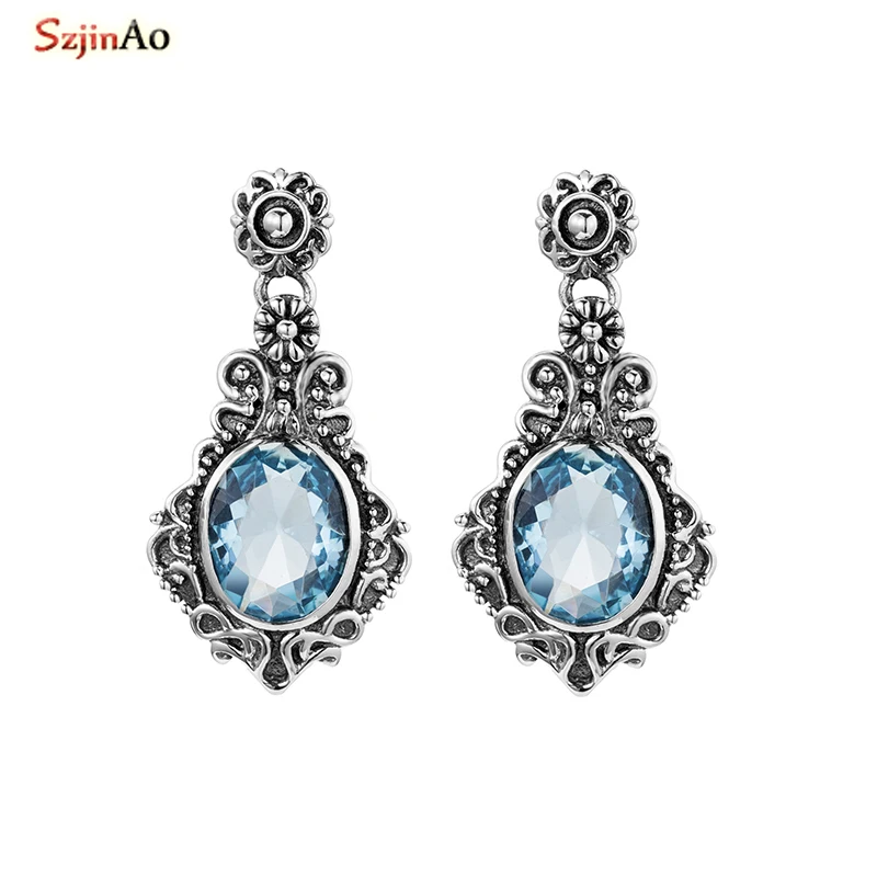 SzjinAo Solid 925 Sterling Silver Earrings Created Sapphire Cubic Zirconia Fine Jewelry for Women Earrings цена SzjinAo Solid 925 Sterling Silver Earrings Created Sapphire Cubic Zirconia Fine Jewelry for Women Earrings цены онлайн