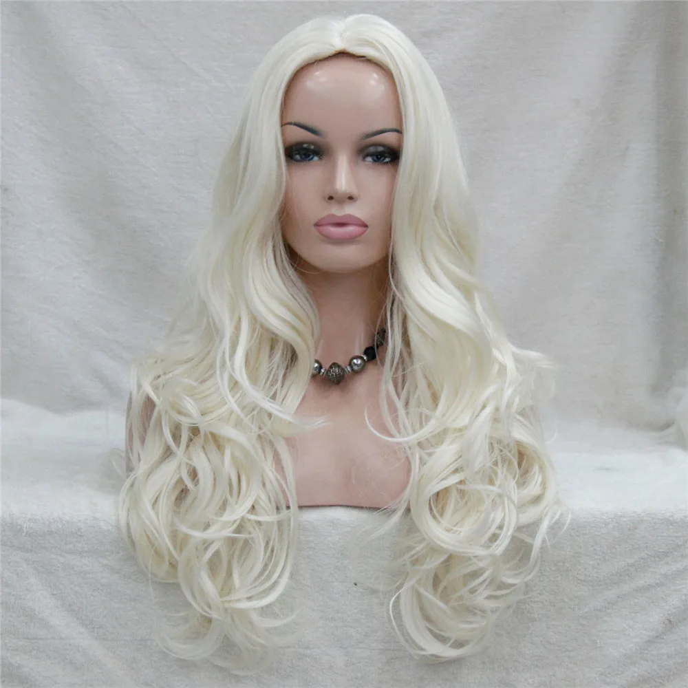 E-233 #614 new fashion sexy no bangs skin top 26 white blonde long wavy synthetic full wig (1)