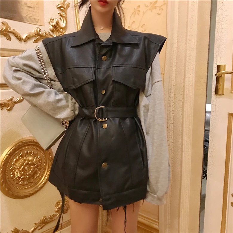 

2019 Autumn Winter Belt Buckle Sleeveless Punk Faux Leather Vest Coat Lolita Gothic Black Khachi Pocket Slash