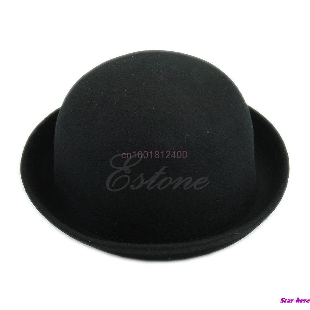 Модная шляпа Дамская Женская мода винтажная шерстяная Милая модная однотонная шляпа Боулер Дерби шляпа - Цвет: Черный