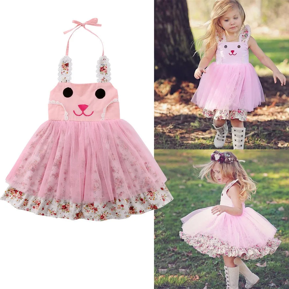 Newborn Infant Girls Dresses Easter Bunny Rabbit Ear Cartoon Princess Mesh Dress Tulle Tutu Party Princess Floral Dressed Outfit