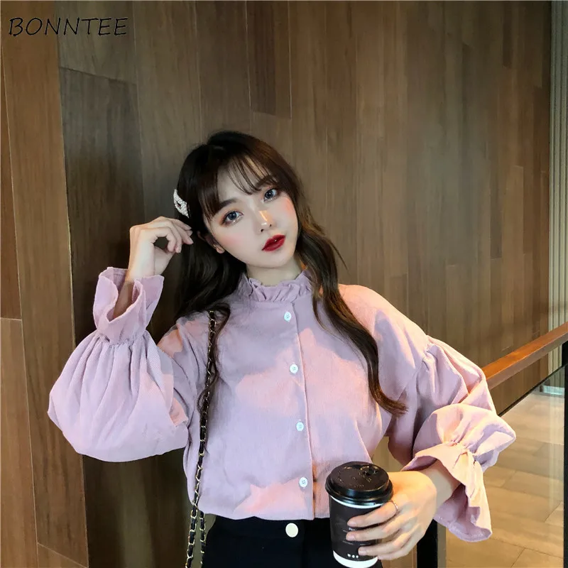 

Shirts Women Spring Autumn Stylish Ruffled Kawaii Solid Womens Long Lantern Sleeve Ladies Loose Leisure Simple Temperament Daily