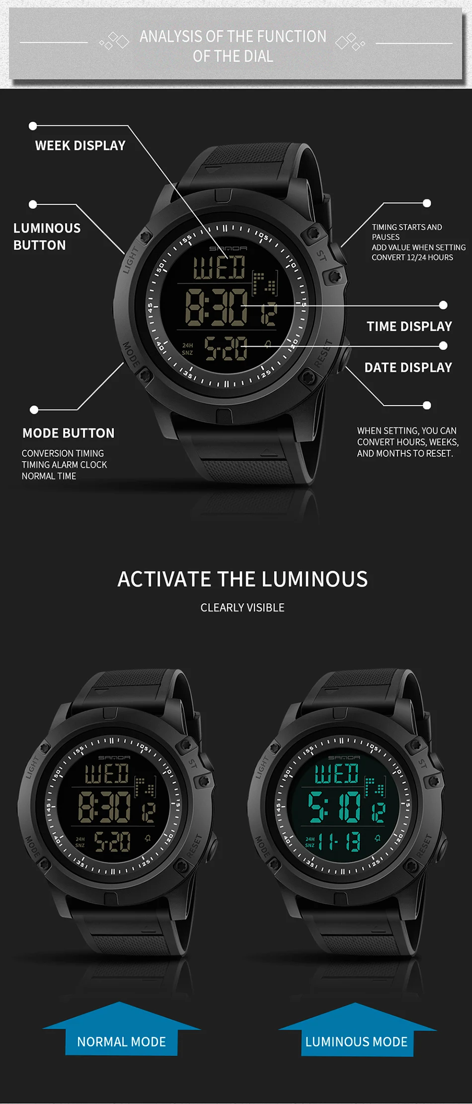 SANDA 372 Free Shipping Sport Men Watches Waterproof Running Led Electronic Digital Mens Wristwatch Relogio Masculino Hodinky (6)