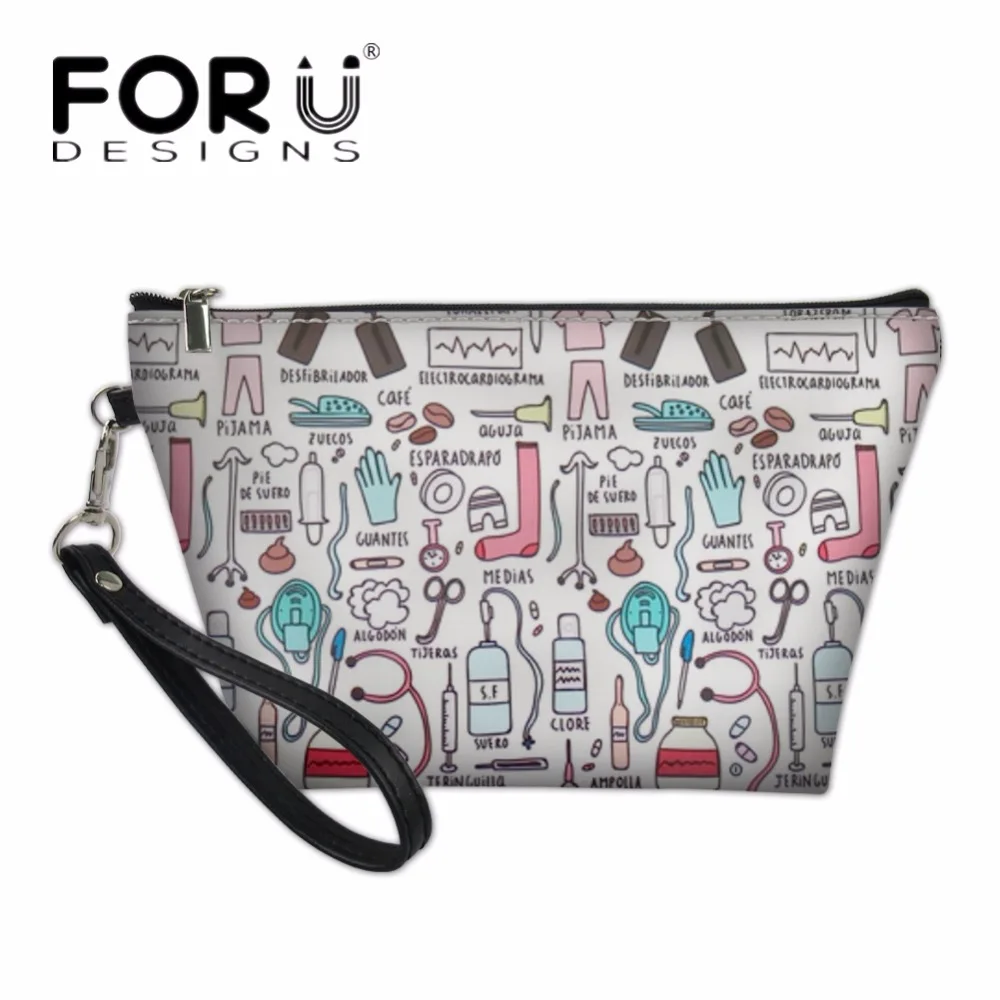 

FORUDESIGNS Fashion Cartoon Nursing Print Woman Cosmetic Case Brand Design PU Leather Large Makeup Bags Casual Lady Make Up Case