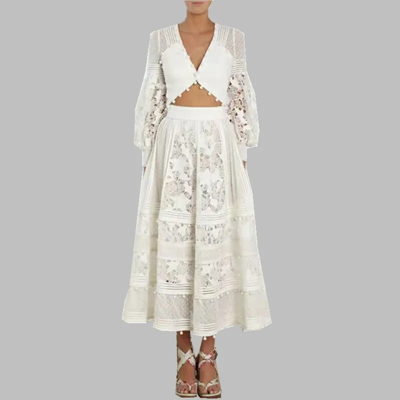 

HAMALIEL Runway Summer Long Maxi Dress Women Lace Patchwork Hollow Out Sexy V Neck Top + High Waist Ball Long Swing Skirt Suits