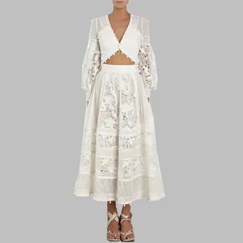 

HAMALIEL Runway Summer Long Maxi Dress Women Lace Patchwork Hollow Out Sexy V Neck Top + High Waist Ball Long Swing Skirt Suits
