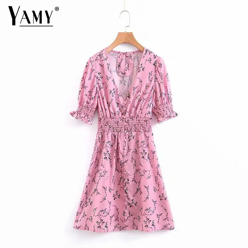 

Boho red floral print vintage dress women sexy V Neck party dress elegant Elastic beach mini dress 2019 korean clothes vestidos