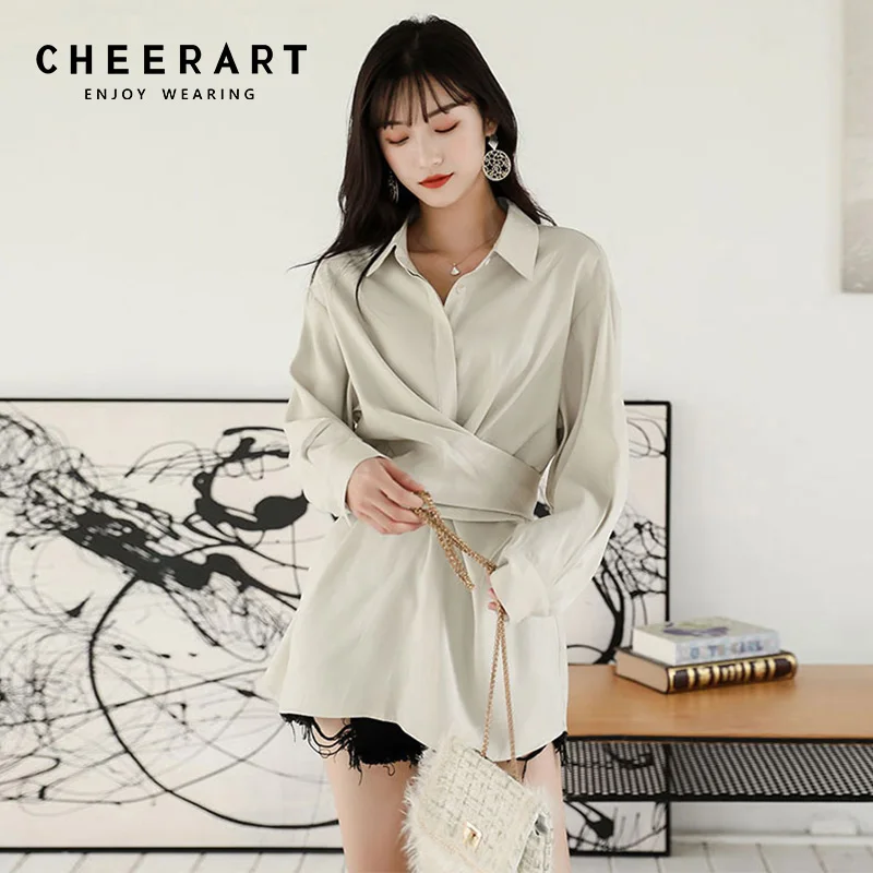 Женская блузка с длинными рукавами Cheerart бежевая Блузка-туника запахом корейская