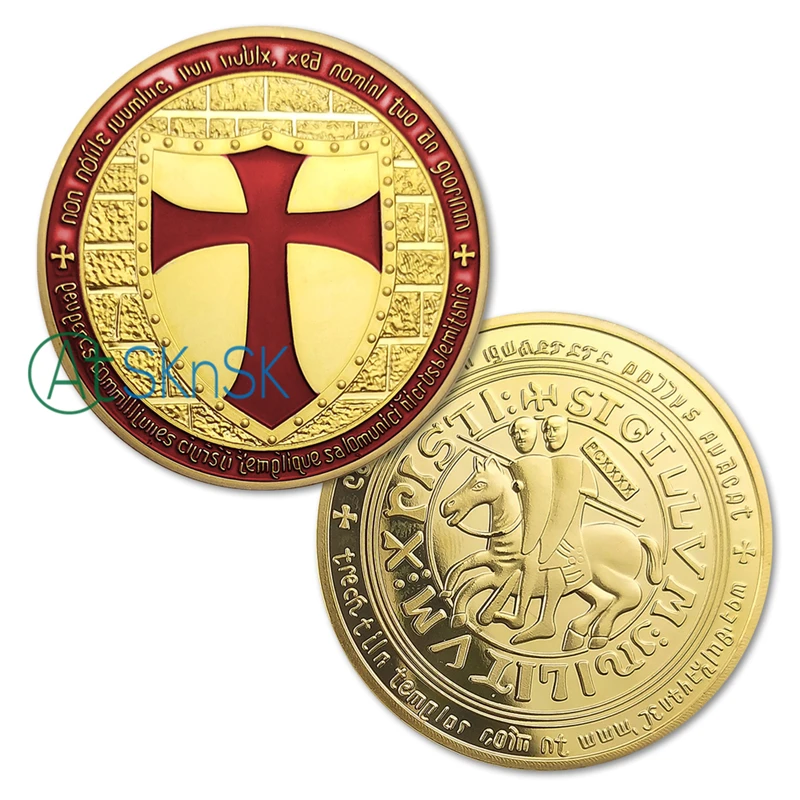 

Sample order! 1pcs Exclusive Masonic UK Art challenge Coin 24k Gold Plated red enamel cross Knights Templar Coin collectiables