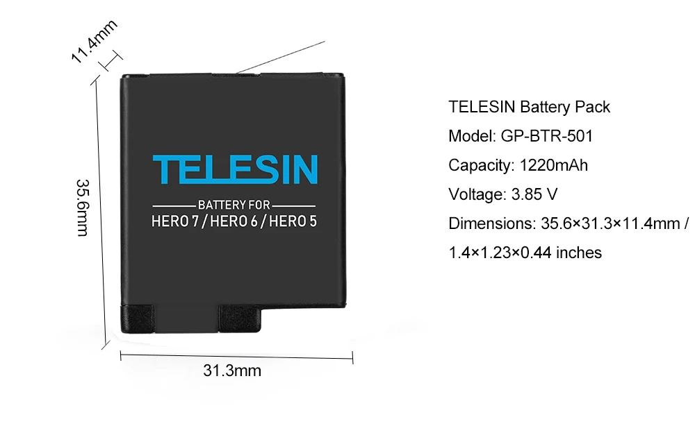 TELESIN 2 шт 3,85 V 1220mah Сменный перезаряжаемый аккумулятор+ чехол для хранения для GoPro Hero 8 7 Black Hero 6 Black Hero 5 Black