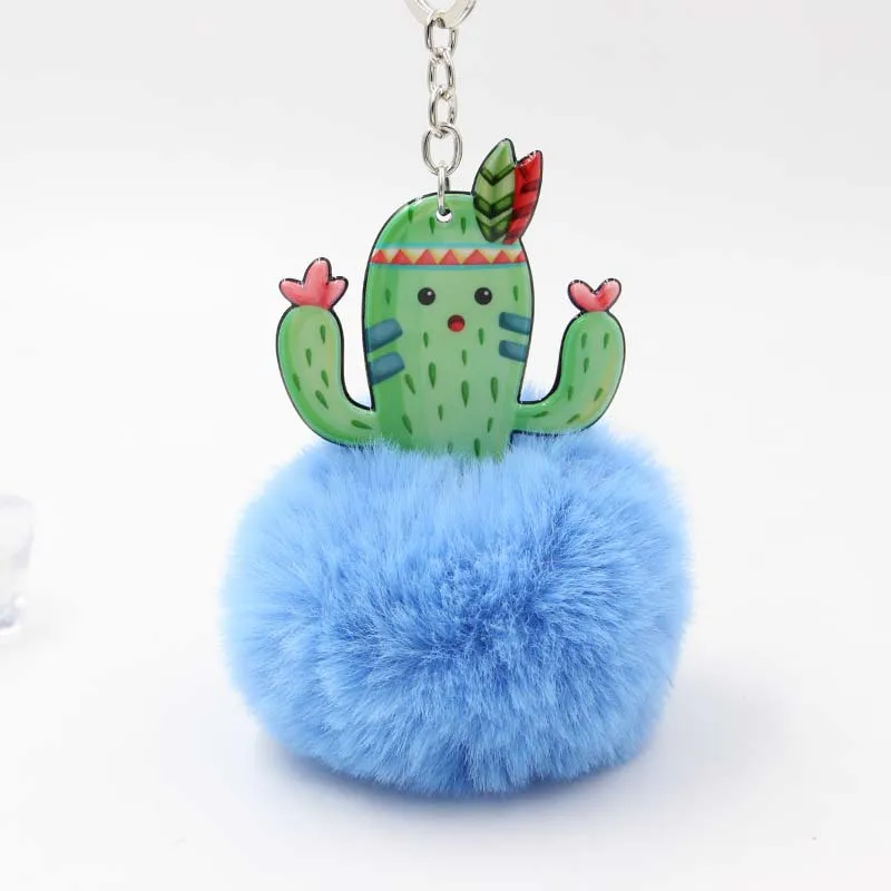 

8CM Cute Fluffy cactus Keychains Women's Pom Poms Faux Rex Rabbit Fur Acrylic PVC Key Chains Girl Bag Hang Car Key Ring Jewelry