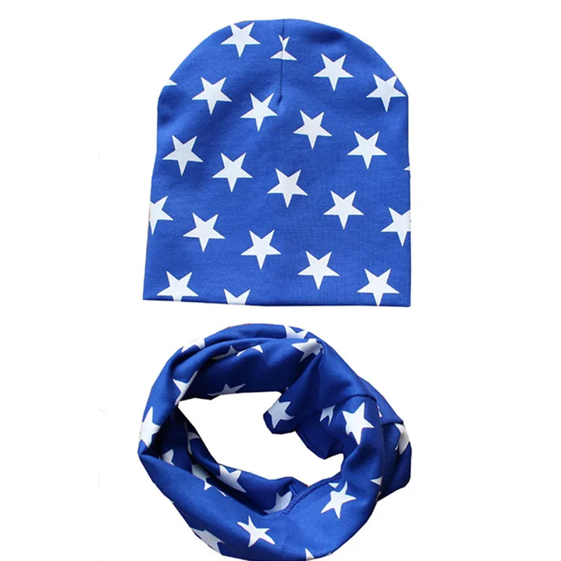 Хлопковые брюки песчаного цвета Принт звезды детская шапка+ шарф, набор из двух предметов для маленьких мальчиков и девочек детская весна-осень мультяшный головной убор, костюмы с воротом Аксессуары Шапки-бини - Цвет: blue full