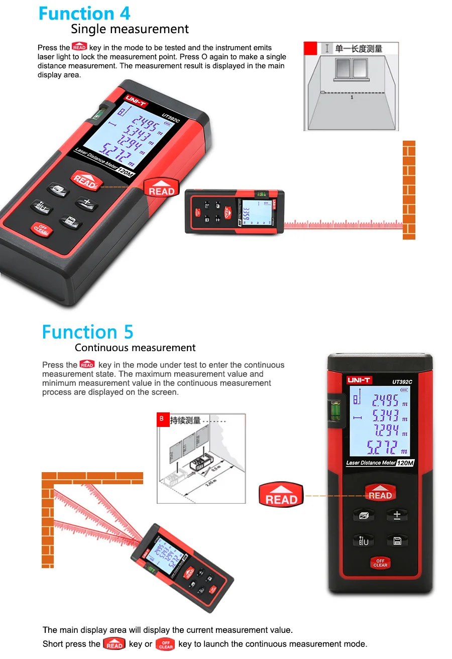 UNI-T 80 м/100 м/120 м Ручной цифровой лазерный дальномер UT392A/UT392B/UT392C Дальномер Измерения площади/объема инструмент