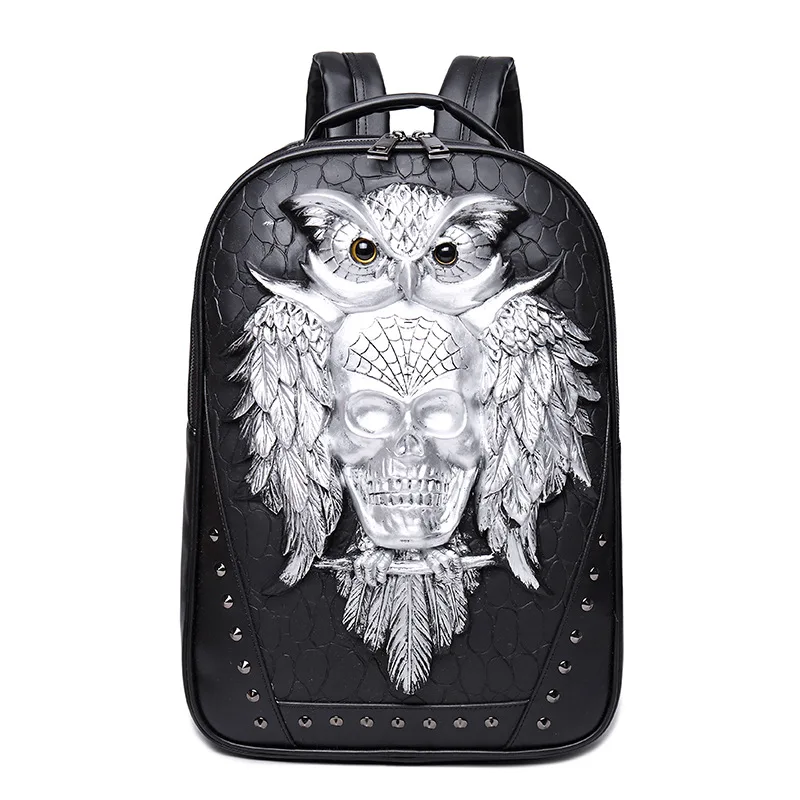 

Fashion Men's 3D Skull Backpack Cool Retro Leather Computer Backpack Rivet PU Leather Travel Back Pack Bag Punk Male Laptop Bags