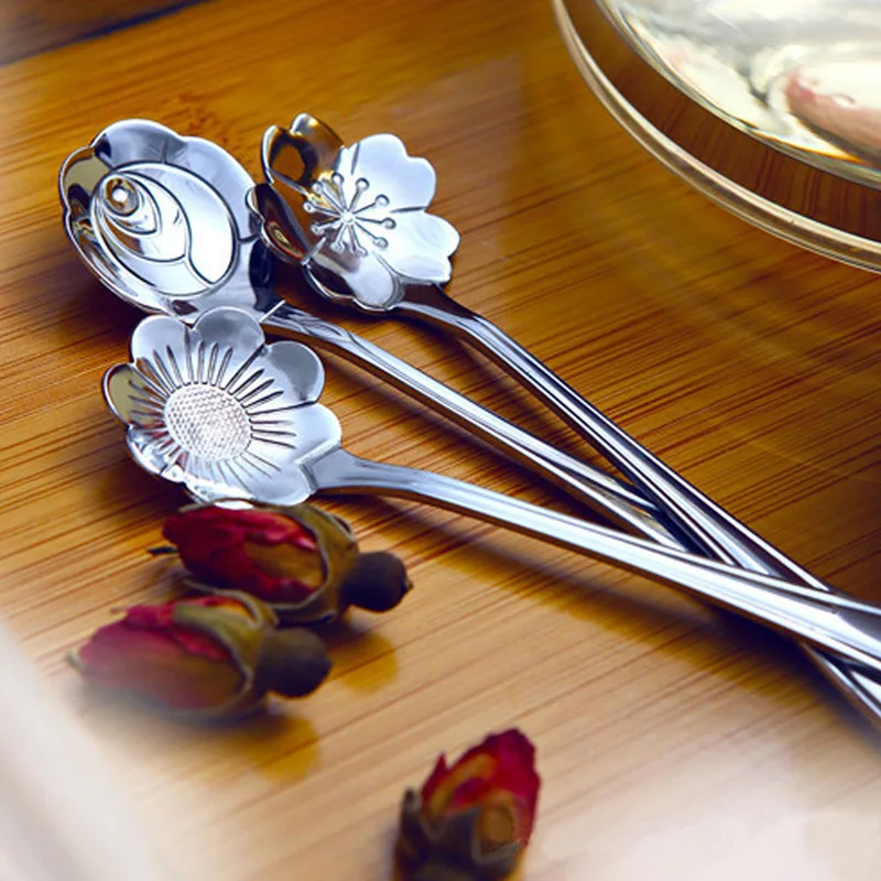 5pcs Tea Spoon Ice Cream Coffee Scoop Stainless Steel Flower Shape Soup Spoon Tableware Five Style For Choose