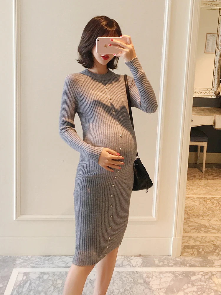 

Maternity wear autumn 2018 new pregnant women long-sleeved dress was thin winter knit bottom skirt fashion