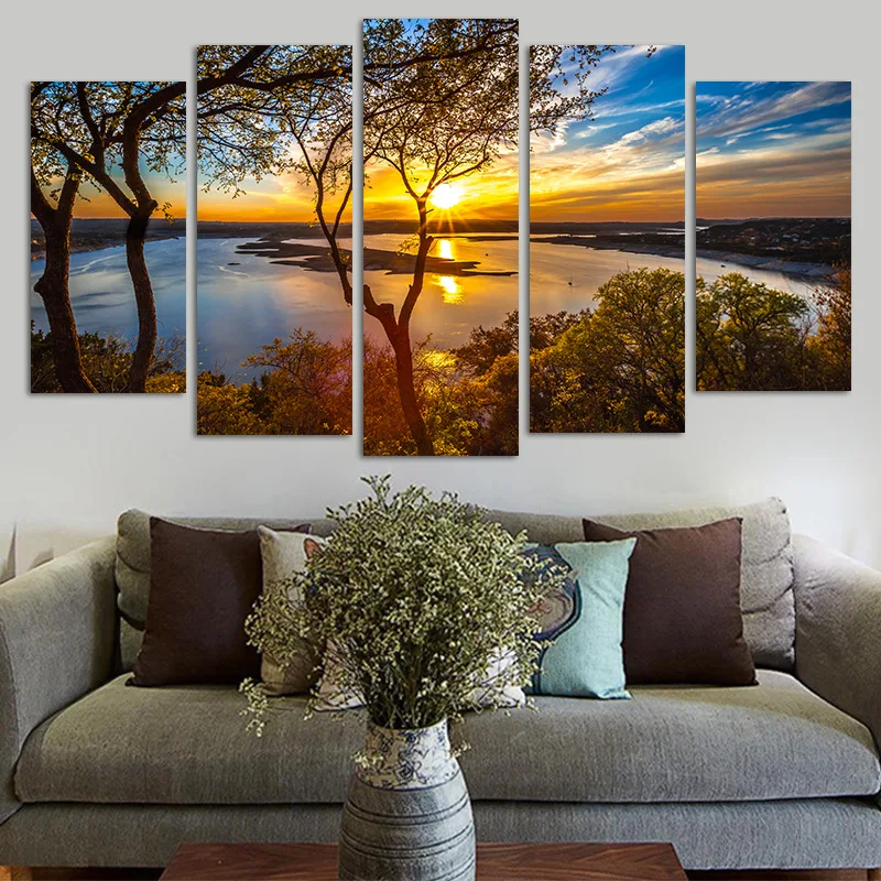 5 Pieces Art Canvas Wall Painting Big Tree Sunset Lake Wall Picture