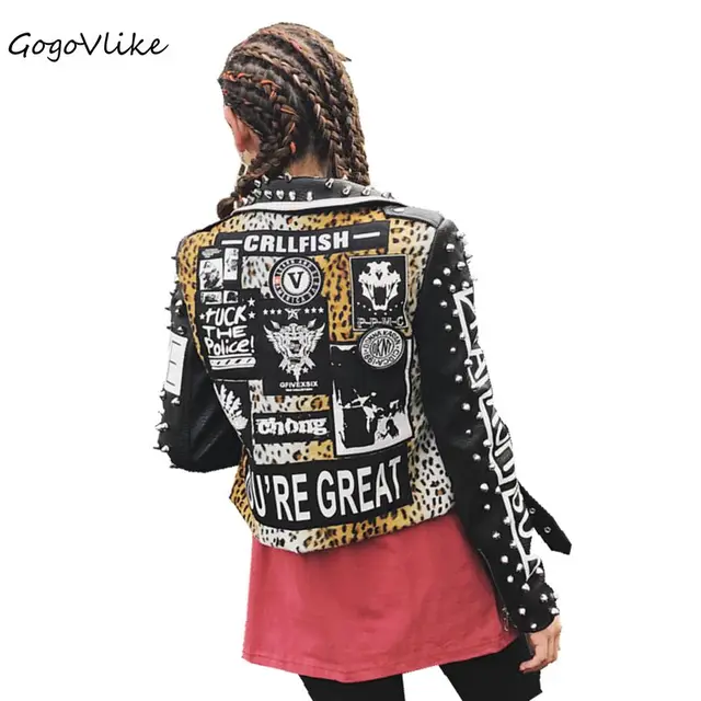 Punk Wild Leopard Rivet Jacket 2017 women Rock PU leather Motorcycle ...