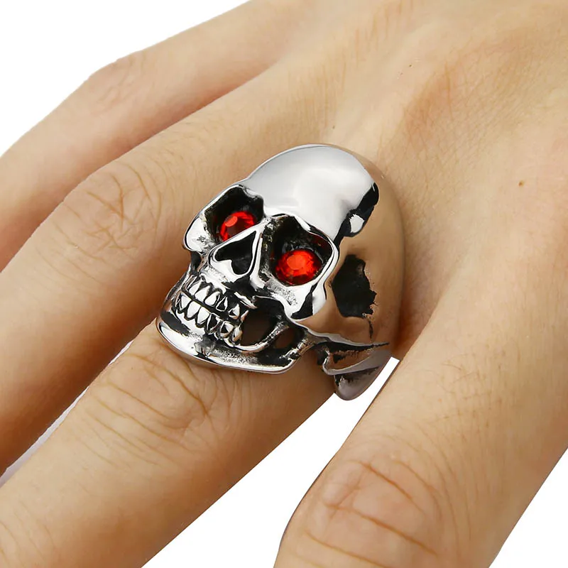 Men's Solid Skull Ring Gothic Punk Biker Rider Red/Blue Eyes Ring Vintage Stainless Steel Skeleton Finger Band Rings Men Jewelry