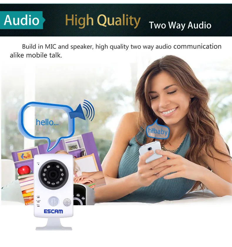 

new Arrival ESCAM Wifi QF502 H.264 HD 720P Support QR Code TF Card storage IP PIR Alarm Camera Free shipping