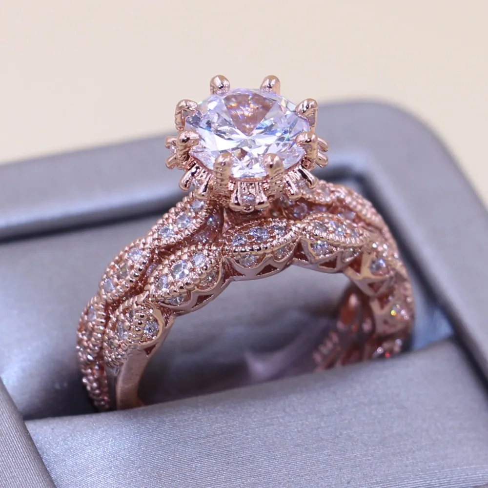 Size5-10 Enternity Couple Rings Luxury Jewelry 925 Sterling Silver&Rose Gold Round Cut 5A Zirconia Party Wedding Bridal Ring Set