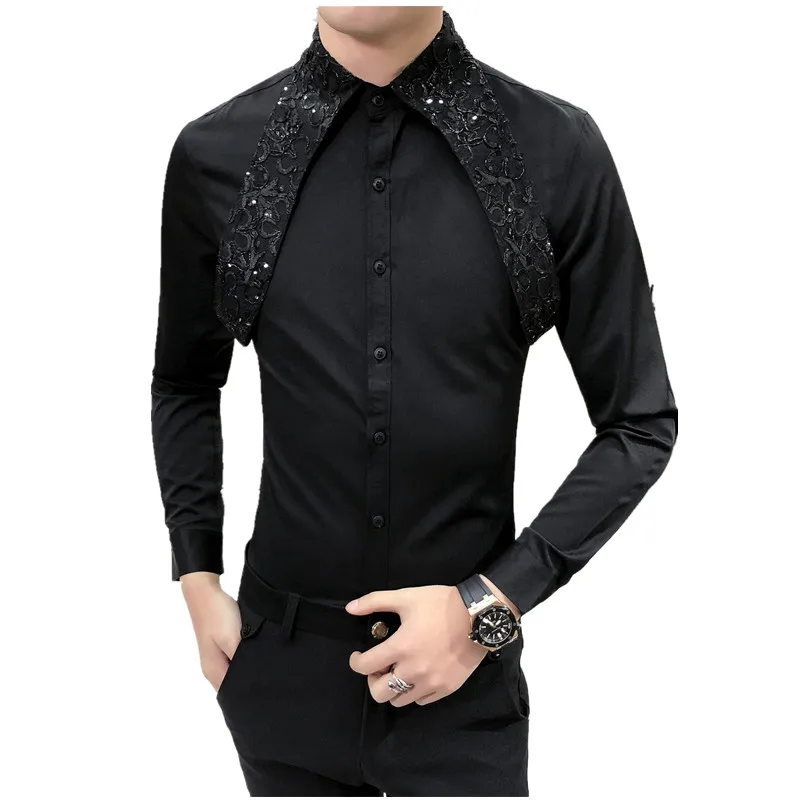 

2019 Shirt Men Brand New Lace Patchwork Mens Dress Shirts Night Club Party Tuxedo All Match Streetwear Men Shirt Social 3XL-M