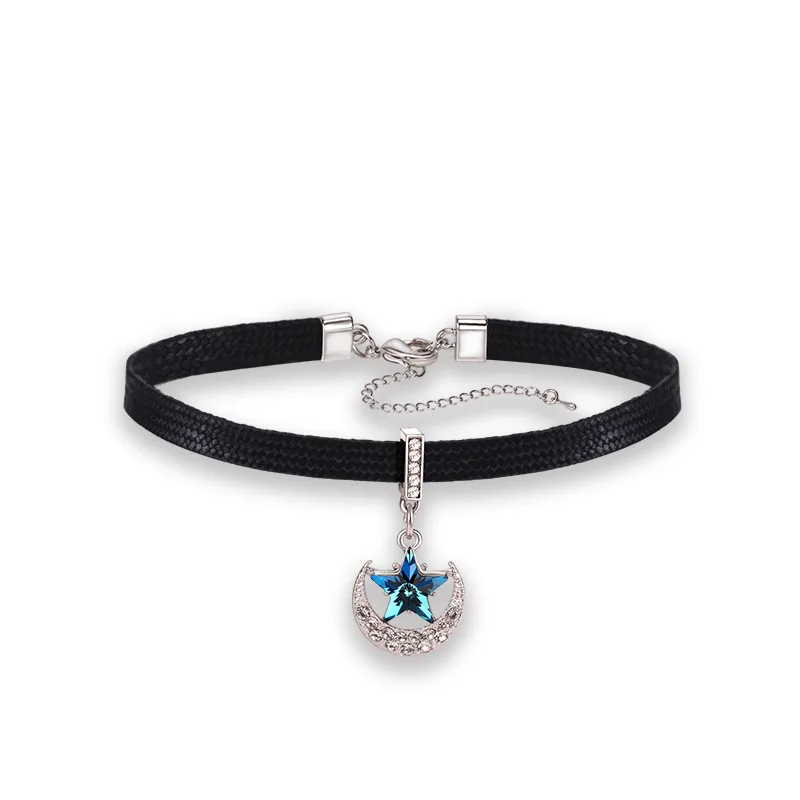 Austrian Crystal Moon and Star Crystal Pendant Short Necklace for Women Rhinestone Black Leather Choker Necklace Charming Gifts - Image 3