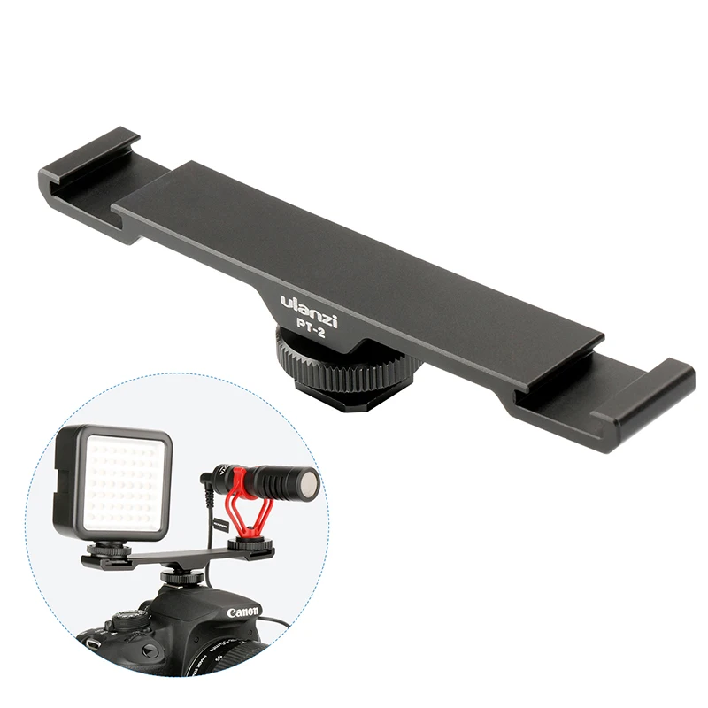 

Ulanzi PT-2 Metal Cold Shoe Plate Universal 2 Hot Shoe Mount Extension Bar Dual Bracket with 1/4" Thread for Microphone/ Lights