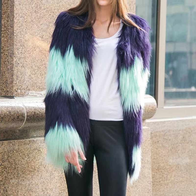 Tops Picture Manches Long Fausse Fourrure Artificielle En Femelle Manteau Mode Color De Manteaux Chaud Veste Femmes Patchwork D'hiver Outwear 2017 vUtFSF