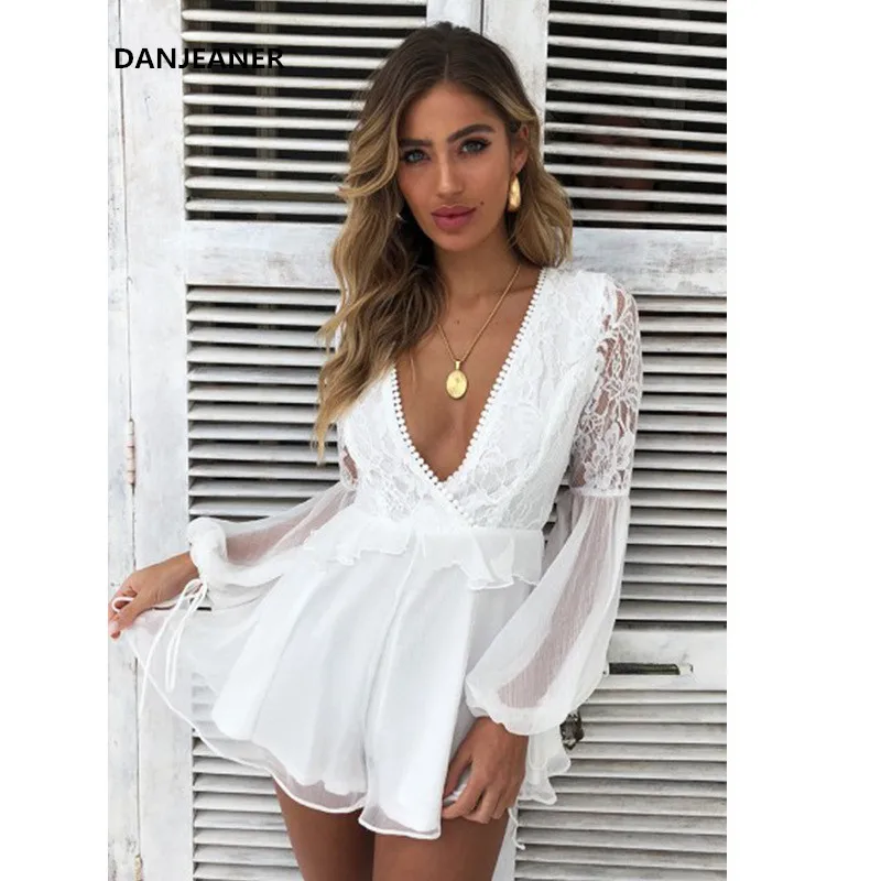 DANJEANER Summer Vintage Lantern Sleeves V-Neck Lace Rompers Women Backless Hollow Out White Chiffon Jumpsuits Elegant Bodysuit DANJEANER Summer Vintage Lantern Sleeves V-Neck Lace Rompers Women Backless Hollow Out White Chiffon Jumpsuits Elegant Bodysuit