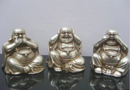 

Rare Interesting Tibet Silver carved 3 Happy Laughing Buddha Art Small Statue
