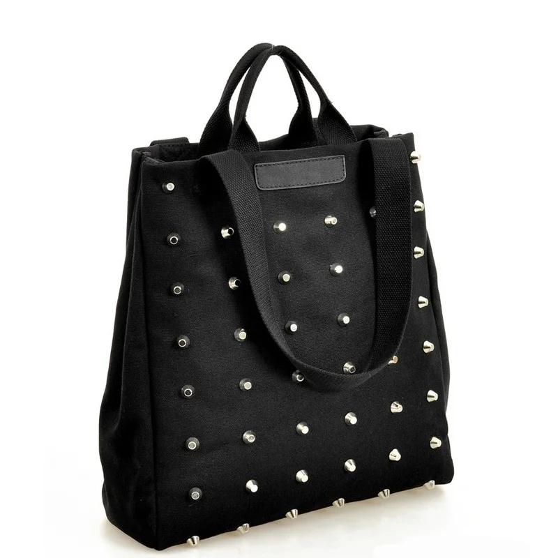 

Black Canvas Rivets Casual Tote Women Rock Punk Handbag Fashion Shoulder Bags Messenger Bag Ladies Shopping Bag Large Capacity