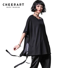 Cheerart уличная черная футболка Женская свободная лента сбоку сплит летний топ панк Рок негабаритных футболка Femme