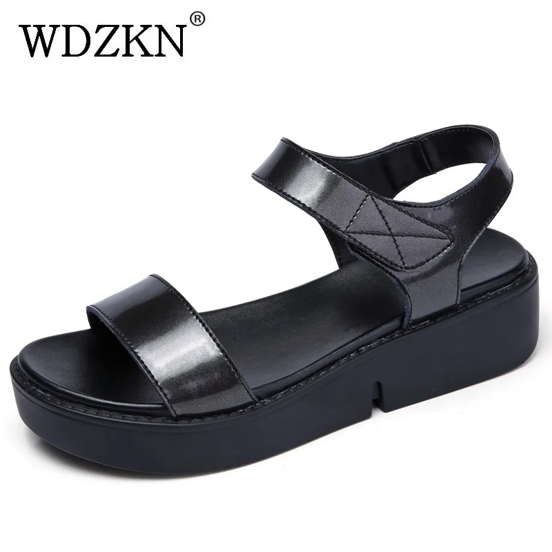 

WDZKN 2018 Split Leather Women Sandals Black Gold Open Toe Gladiator Sandals For Women Wedge Sandals Summer Ladies Shoes H1231