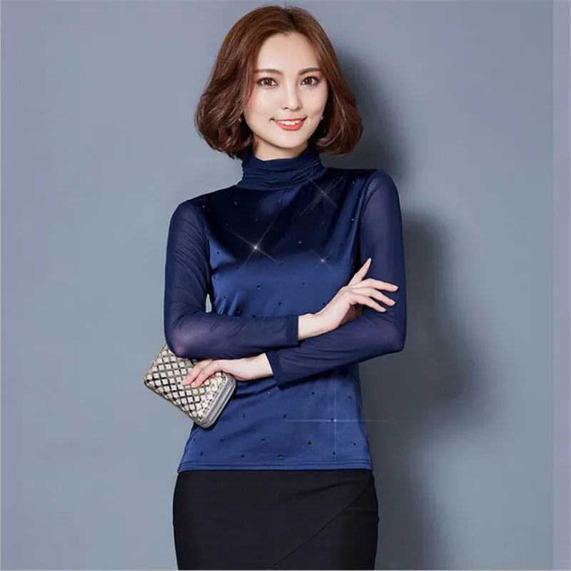 

Thicken Warm T shirt Women Winter Add wool inside long sleeve turleneck silk t shirt For women Fashion Imitated Silk shirt