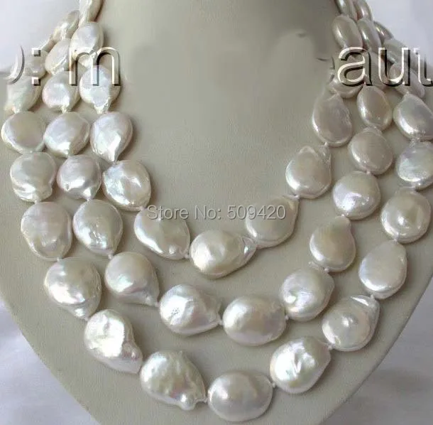 

Free Shipping >>stunning 3rows big 14mm baroque white freshwater pearl necklace