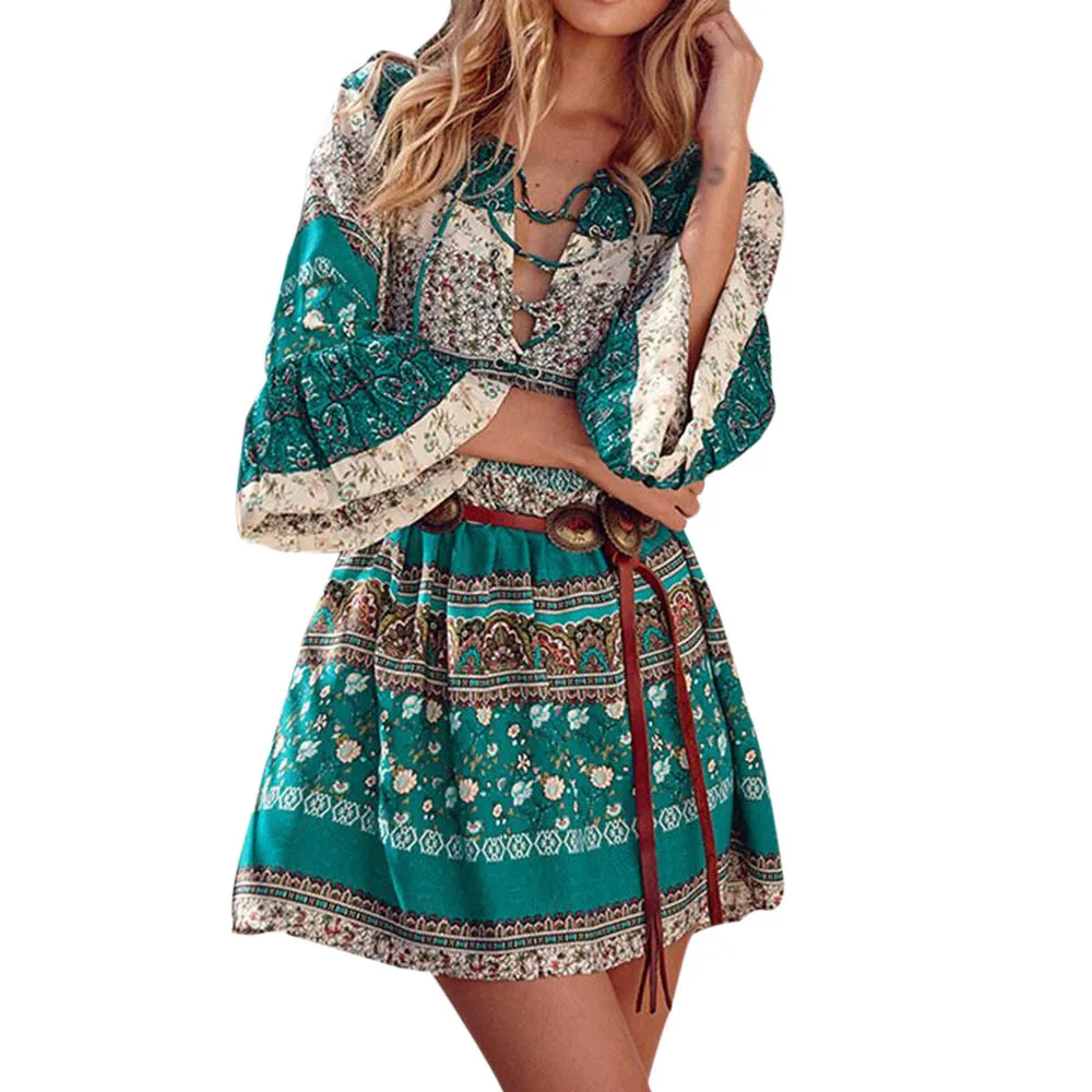 

Dresses Women Floral Print Three Quarter Sleeve Boho Dress Female Lady Spring Summer Black Green Print Casual Vintage Dress A8