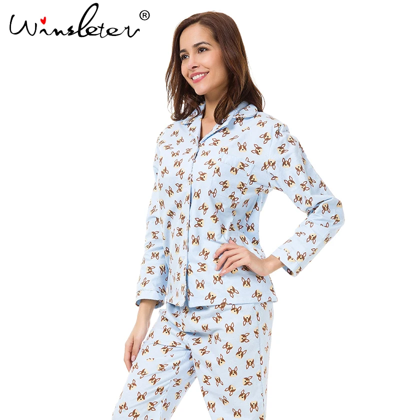 New 2018 Brushed Cotton Pajama Sets Women Cute Dog Head
