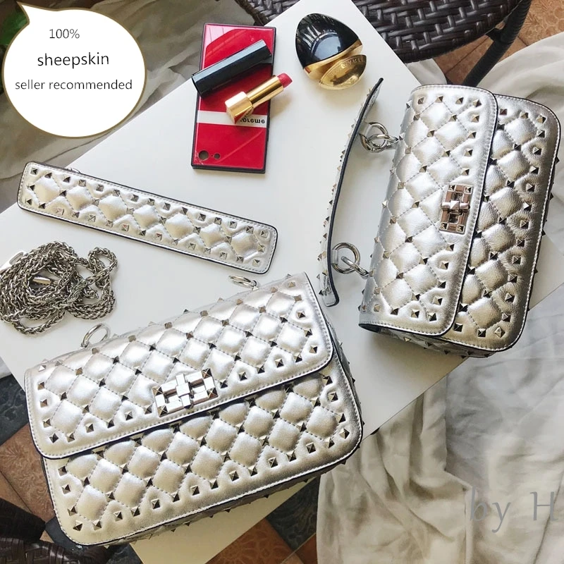 

by H 100% Sheepskin Leather Fashion Shoulder sliver Bags High Quality Rivet Crossbody Bag Luxury Handbags Women Bags Designer