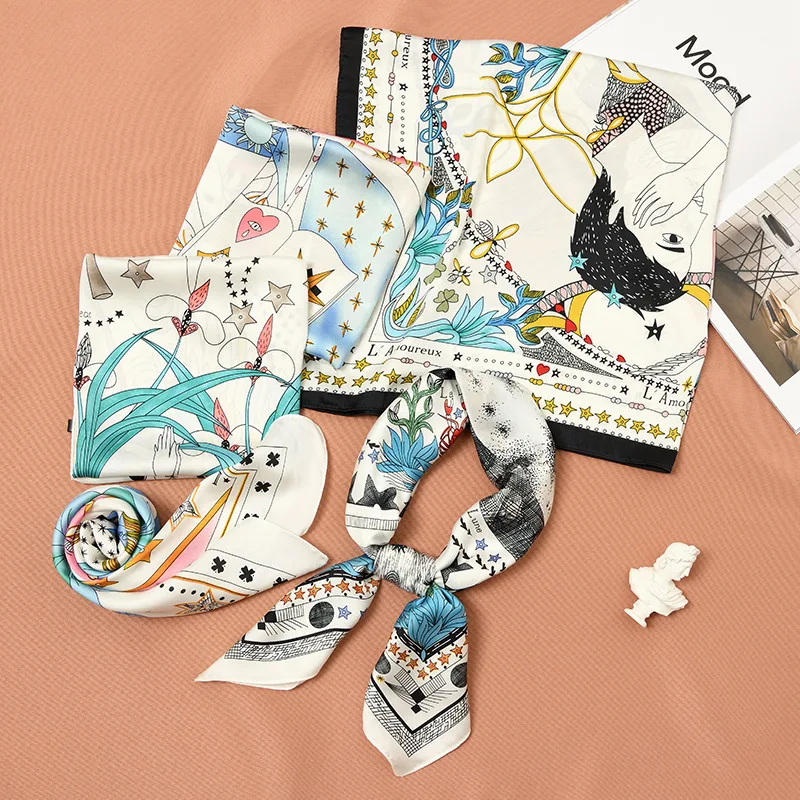 

Spring Autumn New Tarot Print Small Square Scarf Women 70*70cm Hair Scarf Bag Scarf 15 Styles Imitate Silk Scarf Gift