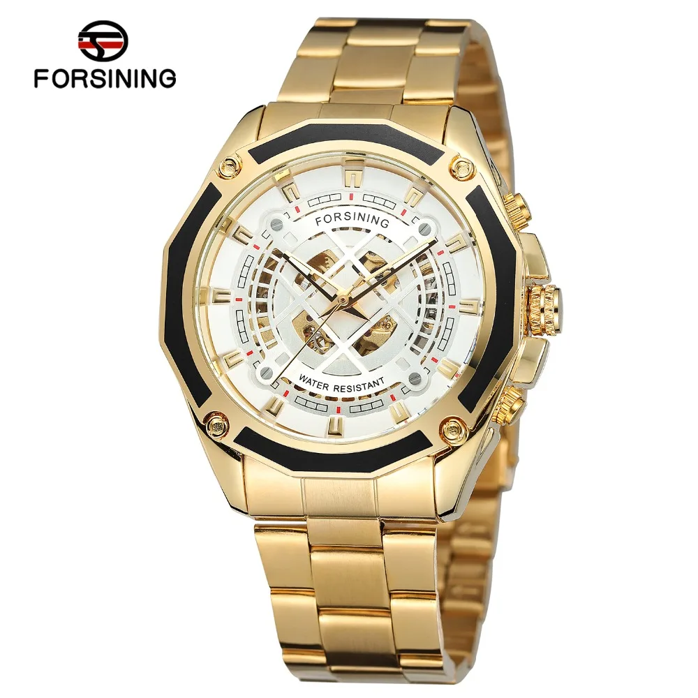 

Forsining 3D Transparent Design Men's Mechanical Watch Gold Stainless Steel Strap Male Skeleton Sport Waterproof Wrist Watches