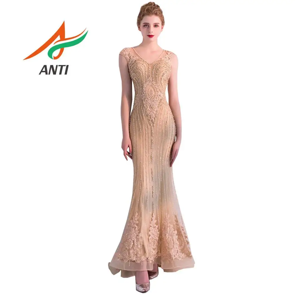 

ANTI V-Neck Beads Bodice Open Back Mermaid Long Evening Dresses 2019 Party Vestido De Festa Fast Shipping Gowns robe de soiree