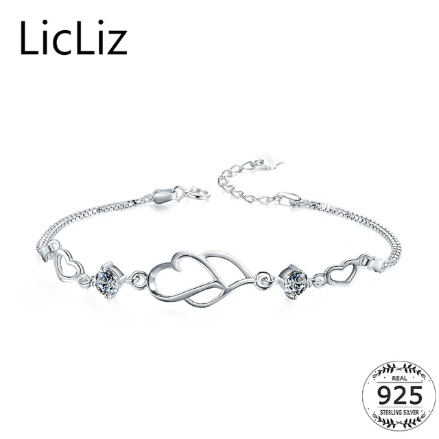 Licliz 925 Sterling Silver Love Heart Bracelet Cubic Zirconia Hand Licliz 925 Sterling Silver Love Heart Bracelet Cubic Zirconia Hand Cuff Jewlery Women Box Chain Charms