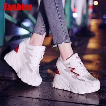 

2018 Fashion Women Vulcanized Shoes Sneakers Ladies Lace-up Casual Shoes Breathable mesh Shoes Women White High heel
