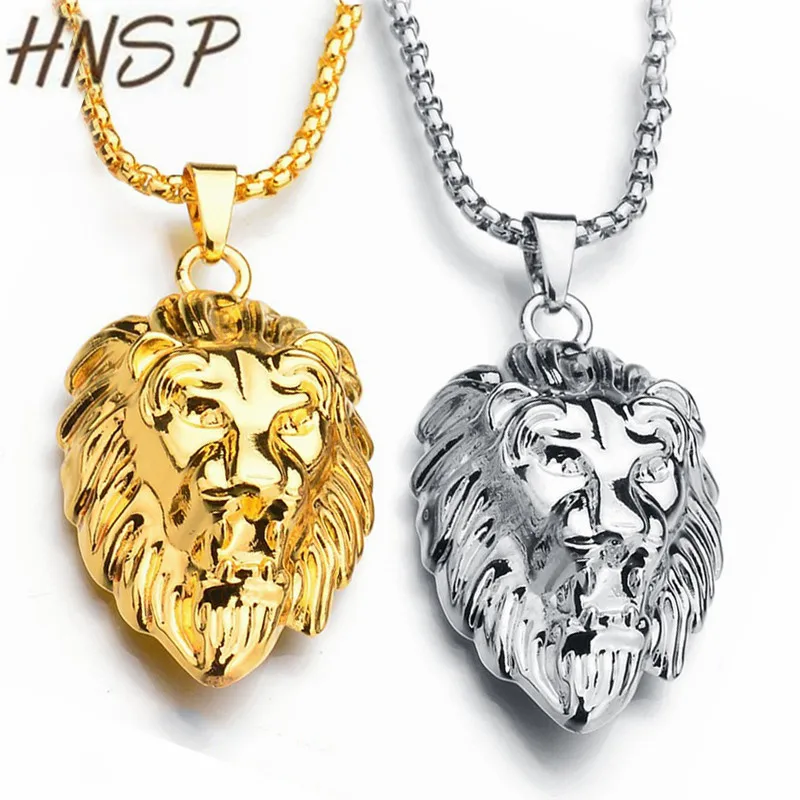

HNSP Personality animal lion head gold plated pendant necklace for men 72cm long Link Chain Fashion jewelry
