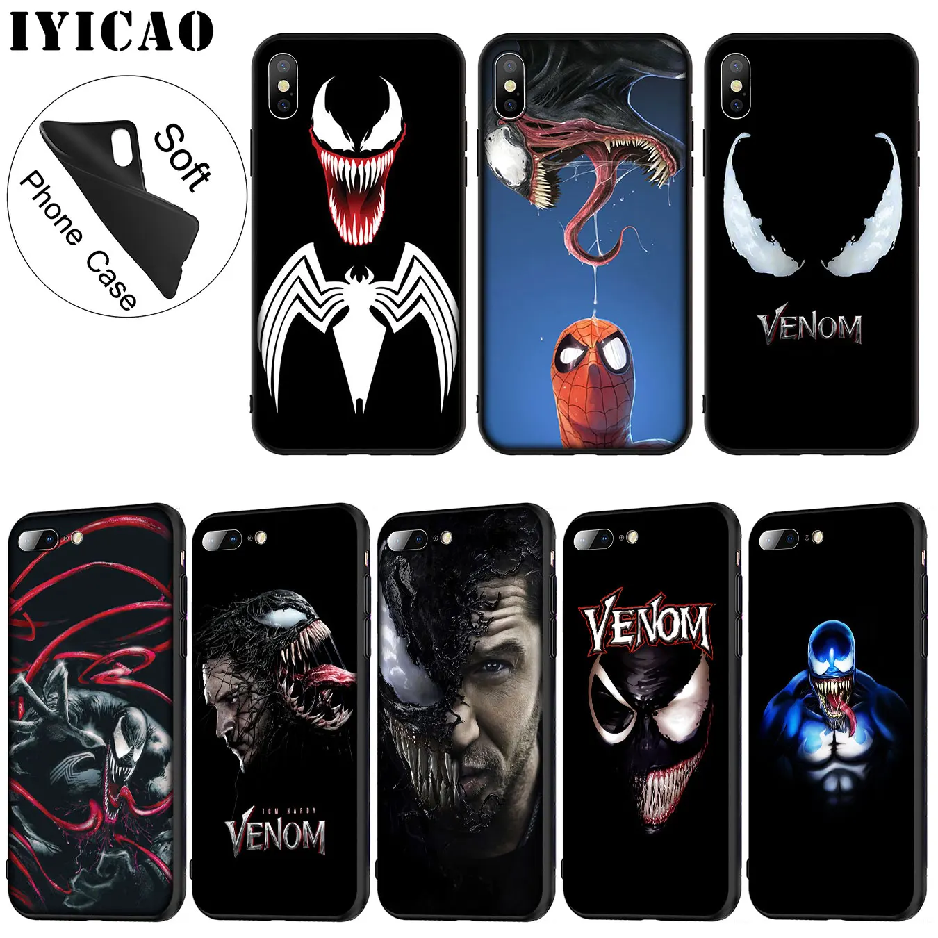 

IYICAO Venom Marvel Soft Silicone Phone Case for iPhone XR X XS Max 6 6S 7 8 Plus 5 5S SE TPU Black Cover