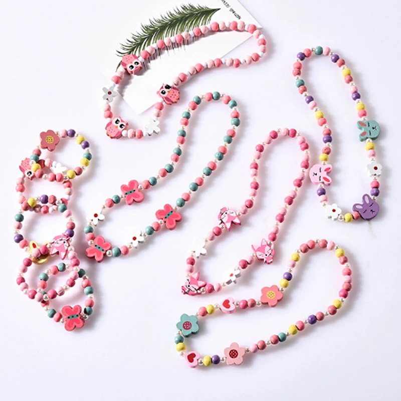 Милые Мультяшные Деревянные ювелирные изделия из бисера, ожерелье для маленькой девочки, детское принцесса, ожерелье с животными, вечерние платья, подарки на день рождения